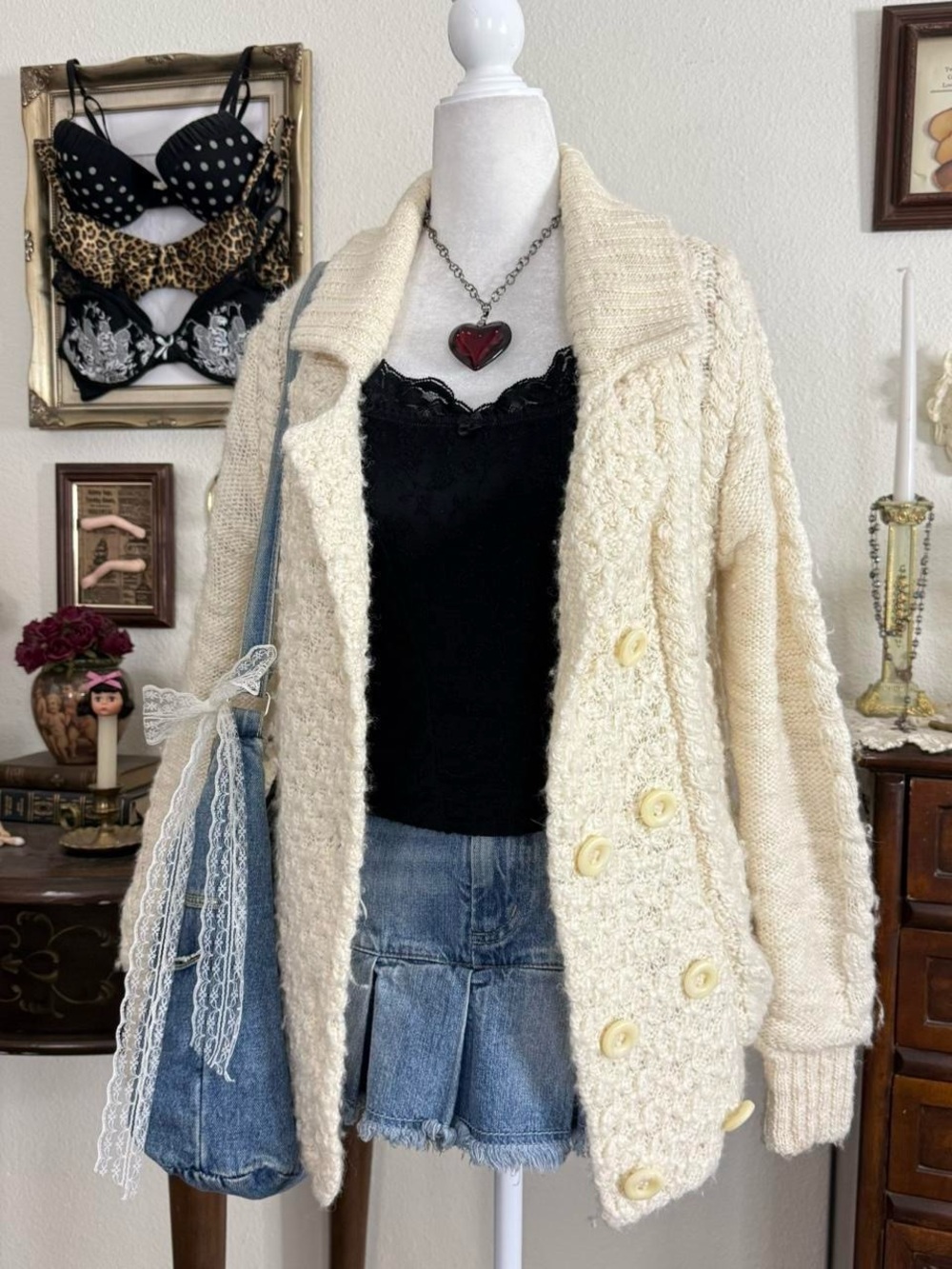 Y2k cozy fairy couchette cream knit cardigan w soft sherpa interior - Picture 3 of 8